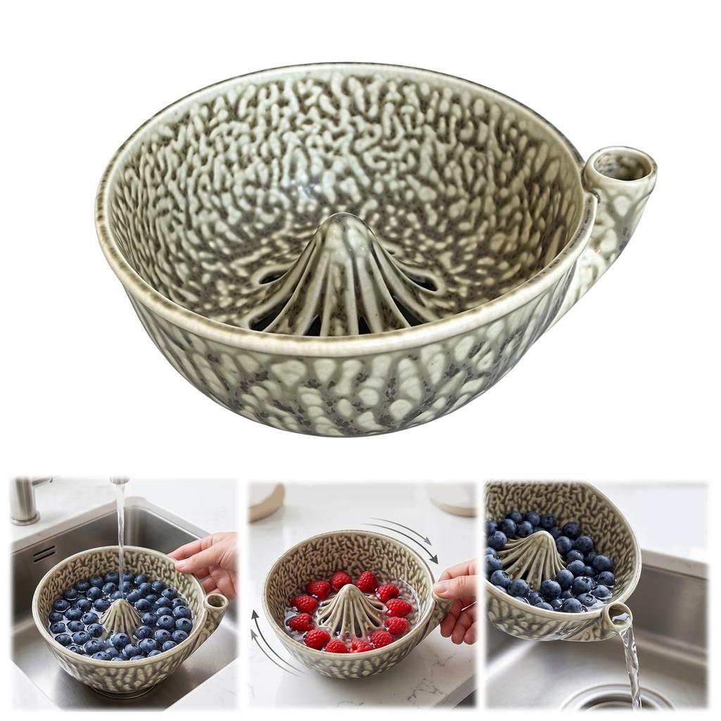 Ceramic Berry Rinse Bowl with Drainage Fruit Washer Spinner 360 Degree Rotating for Home Kitchen Cleaning Berries Vegetables
