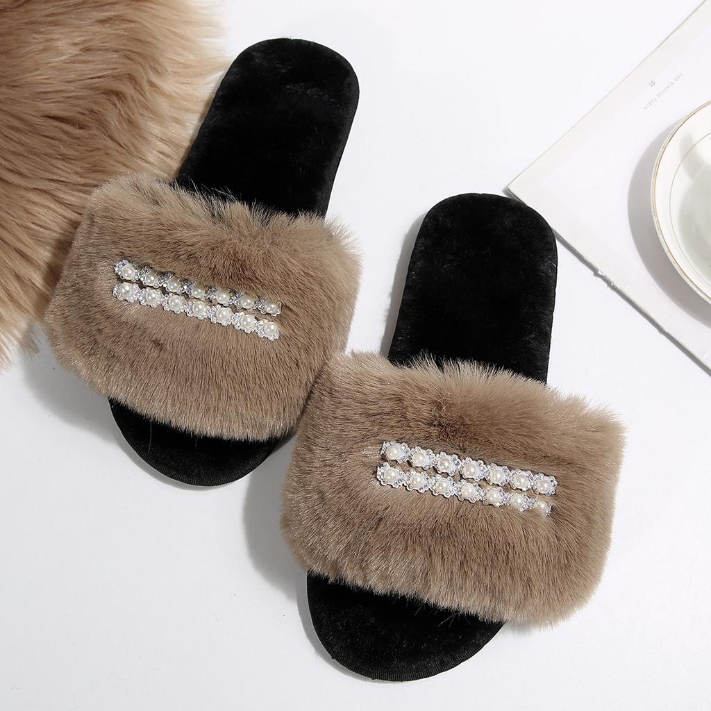 Fashion Luxury Lace Pearl Decoration Faux Fur Slides Women 2025 Winter Warm Long Plush Furry Slippers Fashion Soft Thick Bottom Slippers