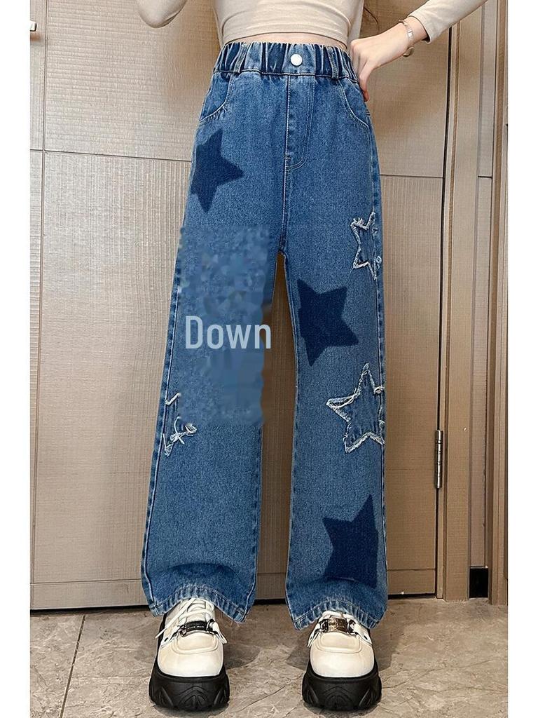 2023 Spring Girls' Star Patch Wide-Leg Jeans - Trendy Children's Fashion for Medium & Large Sizes
