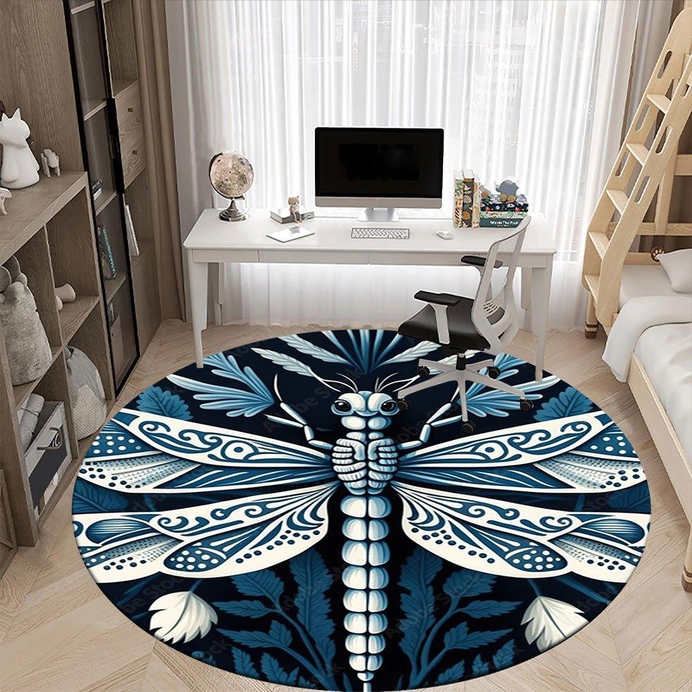 Elegant Blue and White Dragonfly Decorative PlateRound Non-Slip chair mat chair carpet for office Rugs for Office Decor Gift For Valentine's Day Mothe