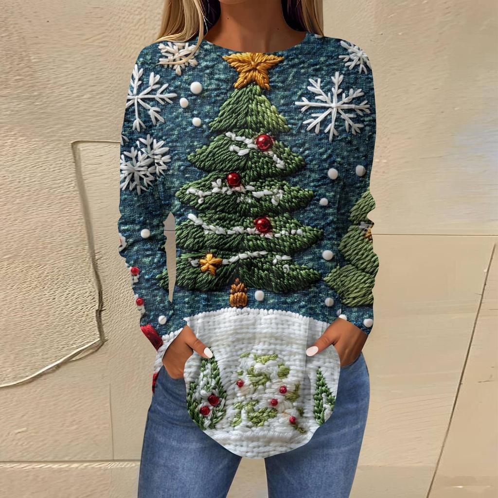 Женская свободная футболка с круглым вырезом и длинными рукавами с принтом в стиле ретро, пуловер на Рождество