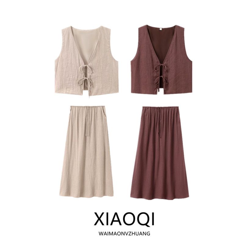 Fashion Style Summer New Women's Stripes Pleated Casual Lace Up Vest High Waist Skirt 8338772 753