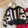 Arctic Velvet Korean Children's Black & White Jacquard Sweater - Girls' Autumn Winter Round Neck Casual Knitwear.