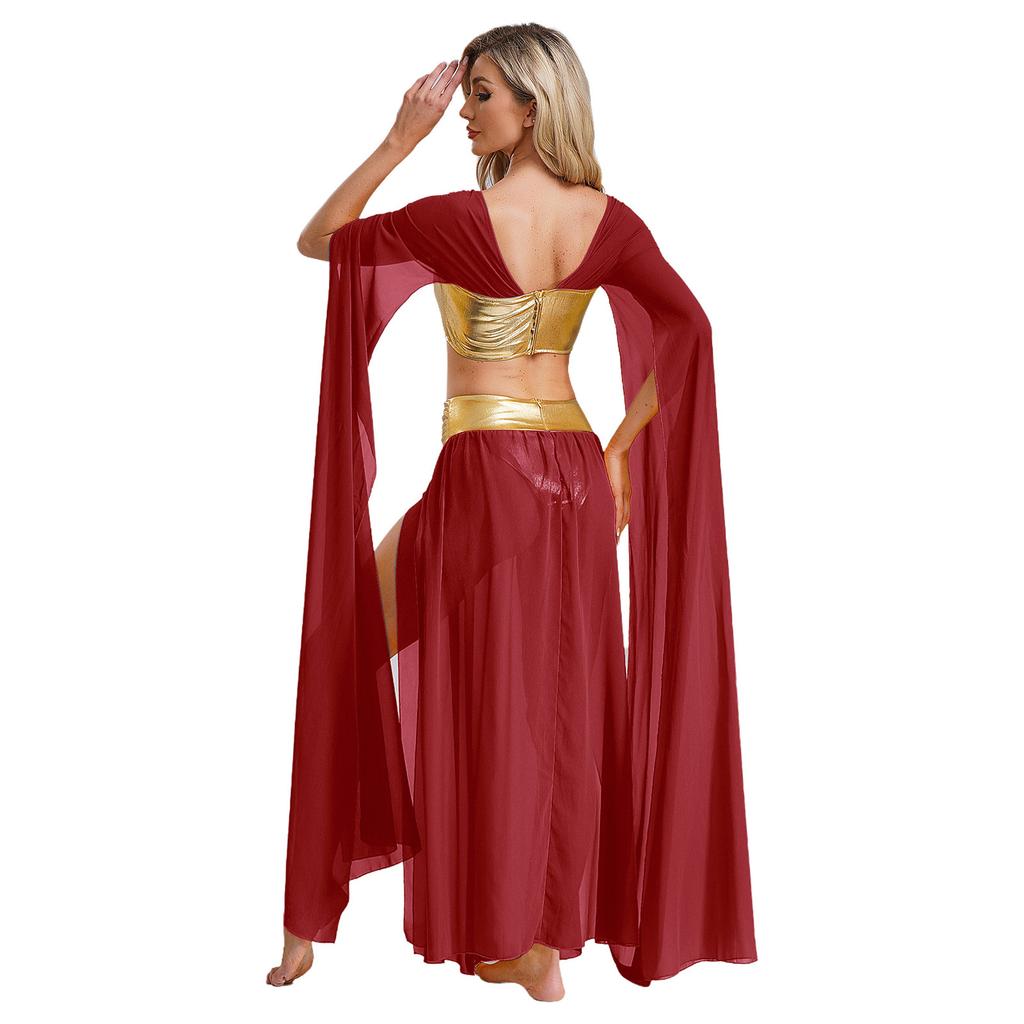 Womens Egyptian Cleopatra Costume Crop Top Split Chiffon Skirt Set Halloween Party Wear