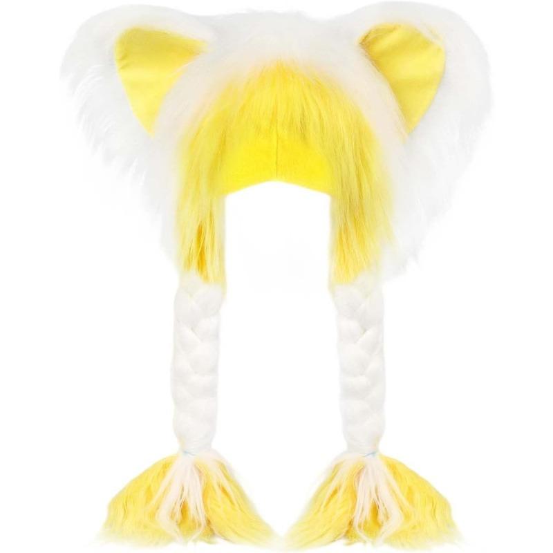Cute Plush Cat Hat, Soft Furry Animal Ear Hat with Braids Winter Warm Earmuffs Head Mask Cosplay Accessory