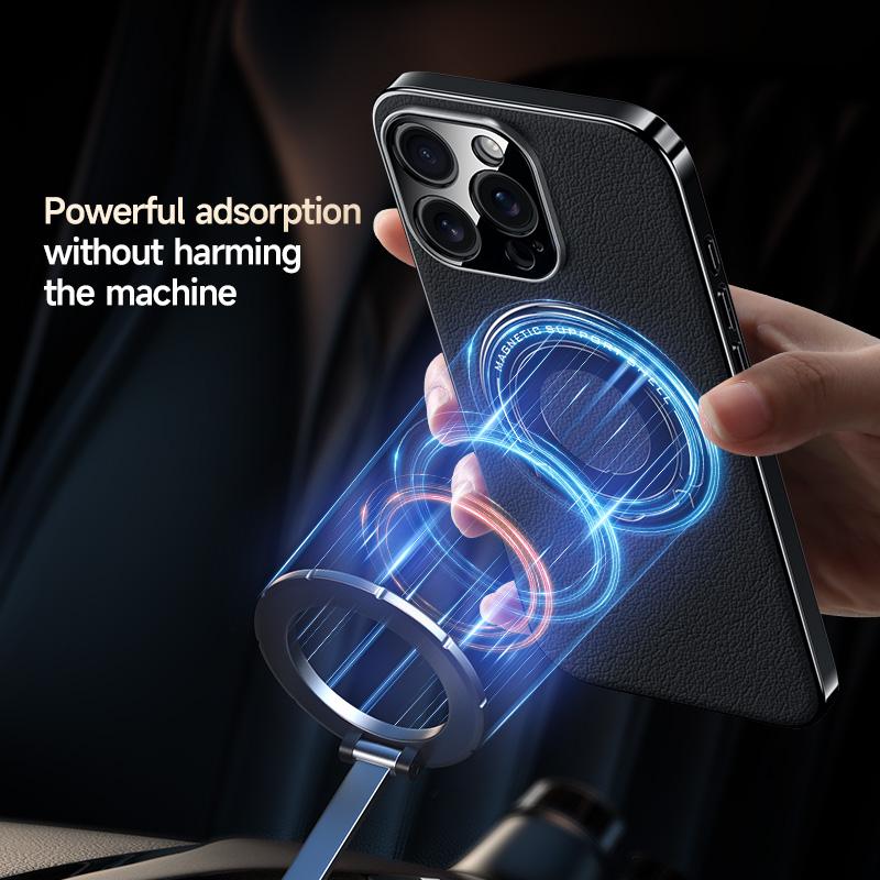 Роскошный Магнитный Чехол-Подставка из Кожзаменителя для iPhone 16 15 14 13 Pro Max Magsafe Беспроводная Зарядка Скрытая Подставка Задняя Крышка