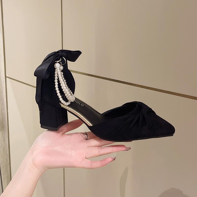 Босоножки Baotou женские на среднем каблуке летние новые жемчужный бант толстый каблук острый носок высокий каблук туфли-лодочки