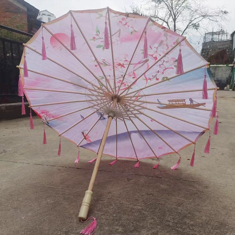 1PC with Tassel Classical Women's Umbrella for Hanfu Accessories Satin Cloth Photograph Props Fairy Ancient Parasol