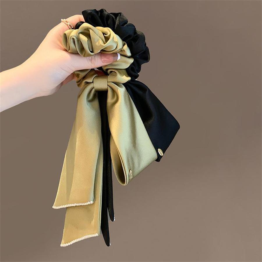 New Fashion High Quality Satin Long Ribbon Wrinkled Hair Ring for Women Girls Bow Ponytail Elastic Hair Band Headdress