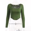Повседневные женские футболки с квадратным воротником и длинными рукавами, зеленые осенние обтягивающие сексуальные однотонные базовые укороченные топы, модная уличная одежда