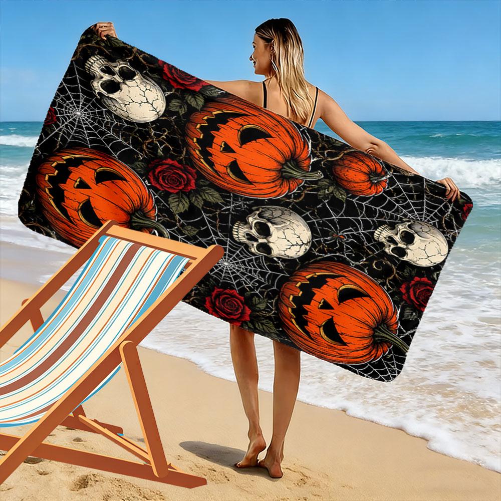 Eerie pumpkins and roses Print beach towel, quick drying, suitable for travel, outdoor sports, jogging, the beach and swimming, gift