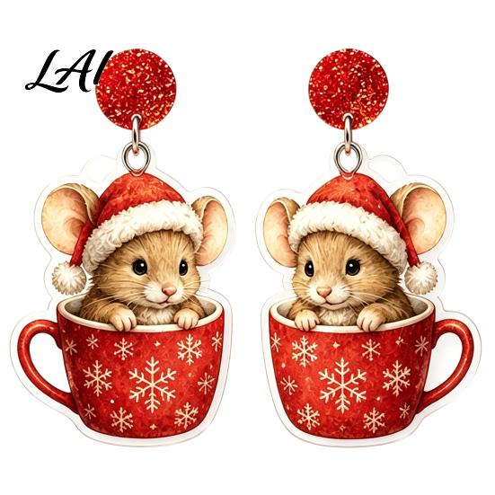Christmas Mouse Acrylic Earrings 1 Pair Cute Earrings 2D Flat Cartoon Animal Dangle Fun Holiday Jewelry for Girls Drop Women Glitter Star