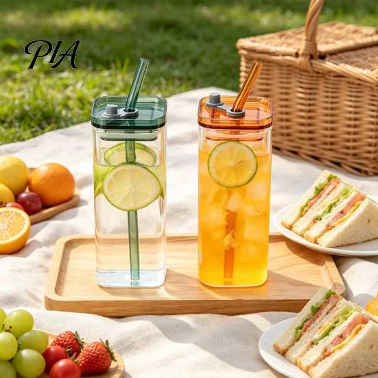 Reusable Glass Tumblers for Cold Drinks Square Borosilicate Cup with Lid And Straw, 350ml Capacity, Heat-Resistant Cups Lids Straws Tumbler,