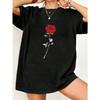 Black Oversized T Shirt With Red Rose Print For Casual Wear