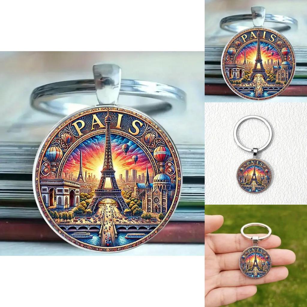 Paris Sunset Scene Keychain With Glass Pendant For Gift And Decoration