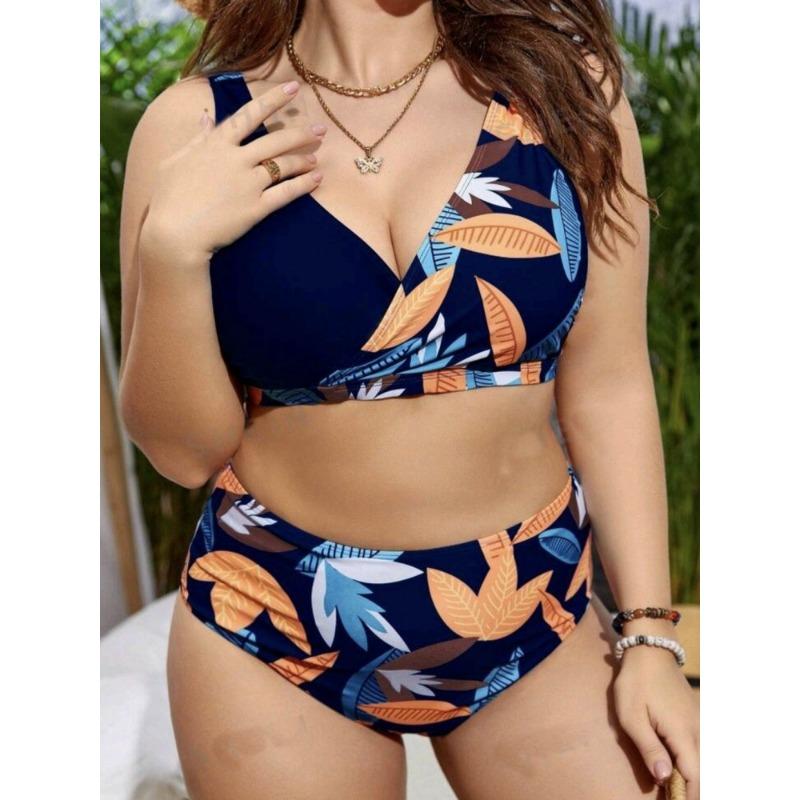 Europe and The United States New Women's Large Size Split Bikini Digital Printing Gather Fashion Swimsuit