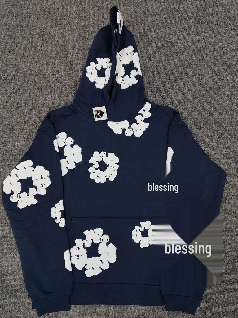 Худи из плотного хлопкового денима с цветочным принтом - Модная американская уличная куртка для мужчин