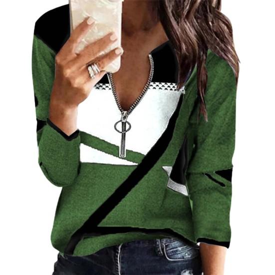 Long Sleeve Loose Women Blouse Soft Texture Zipper Neck Geometric Print Patchwork Top Clothing
