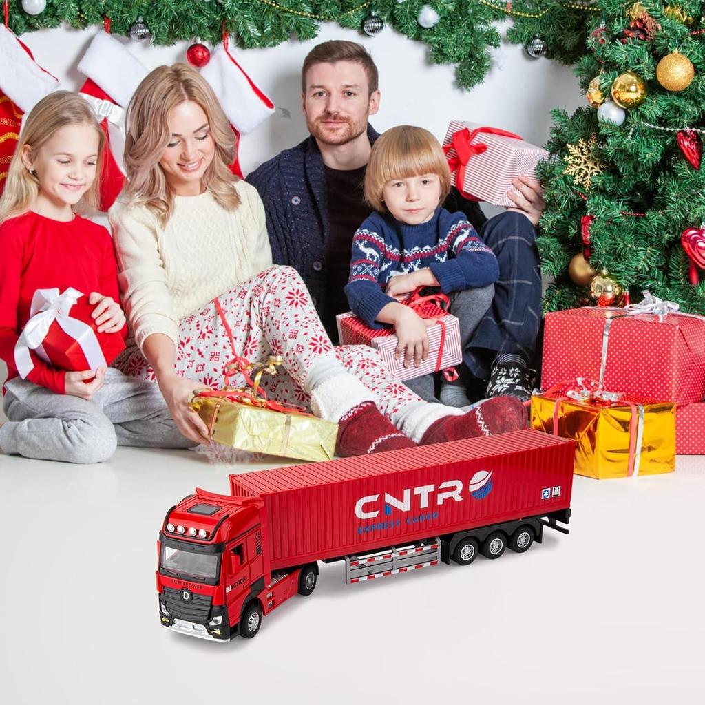 1/50 Container Truck Toy Car, Collectible Transport Vehicle Model Car with Lights and Sounds, Pull Back Diecast Toy Gift for Children