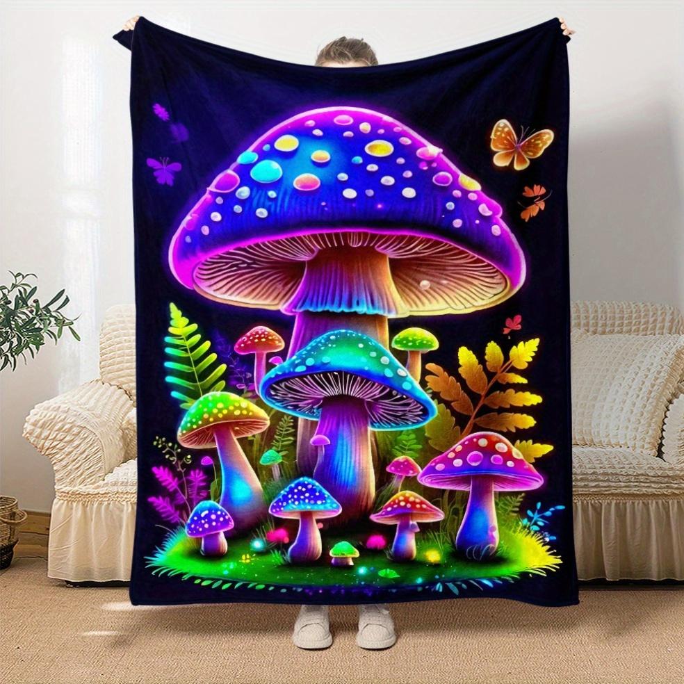 1pc, Vibrant Purple Mushroom Printed Fleece Blanket, Soft and Warm Flannel Throw for Sofa, Bed, Travel, Camping, Living Room, Office, Couch,