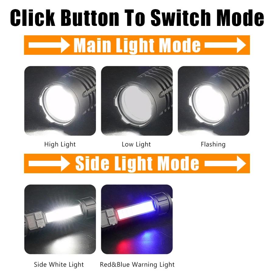 Мощный светодиодный фонарик, USB-перезаряжаемый свет, телескопический зум, походный фонарь с COB боковым светом, многофункциональный уличный фонарь