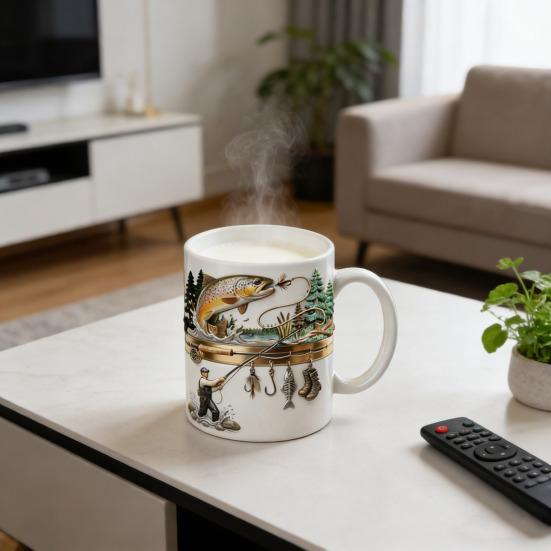 Керамическая кружка "Подсел на рыбалку" 2D Плоская печать Чашка для чая и кофе Забавные подарки для мужчин Папы Мужа Любителей рыбалки и парусного спорта
