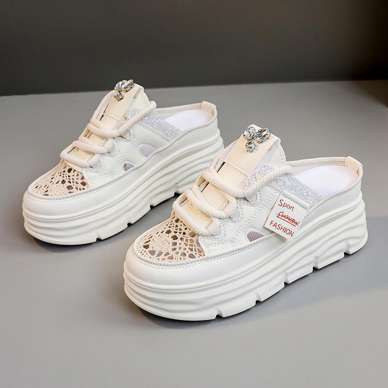 W3651 Женские летние полутапочки на толстой подошве: 2024 Белые повседневные полые сандалии