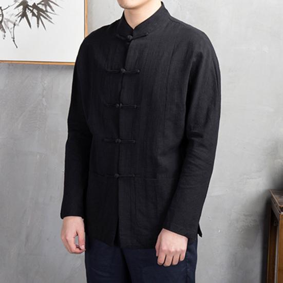 Men Autumn Chinese Style Shirt Top Mandarin Collar Long Sleeve Pockets Disc Button Traditional Kung Fu Tai Chi Shirt Tang Tops Uniform