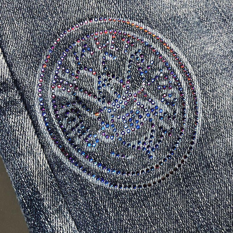 Мужские модные джинсы с принтом, джинсовые брюки с цветными блоками, узкие прямые брюки с буквенным принтом