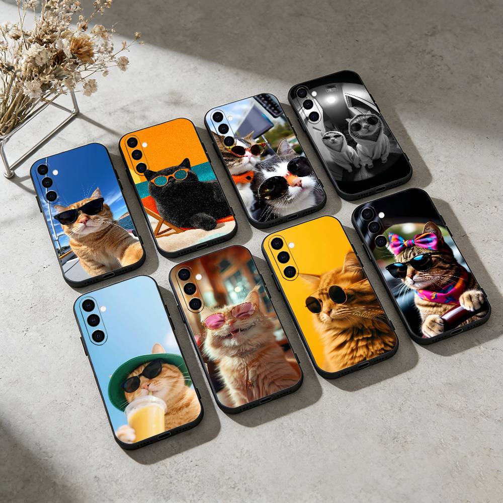 Cute Cool Sunglasses Cat Phone Case For Samsung Galaxy A91,80,73,72 ,71,53,52,32 ,31,22,21s,20,Soft Black Case
