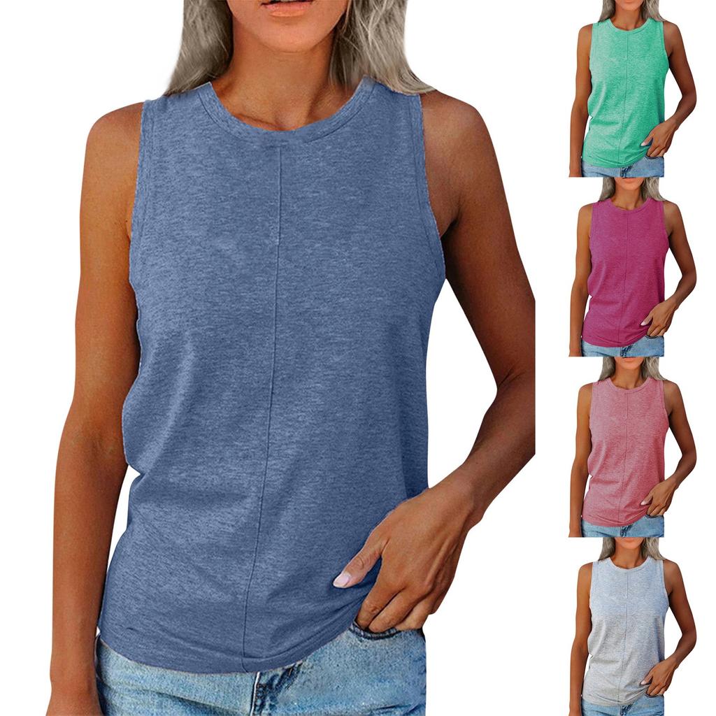 Women's Fashion Solid Color Round Neck Sleeveless Casual T-shirt Tank Top Summer Pullover