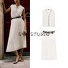 Contrast Color Trim Pleated Round Neck Sleeveless Shirt 4387233 with Waistband Pleated Midi Dress 4387235