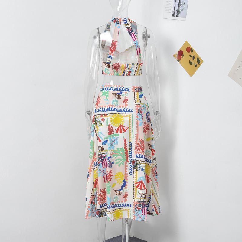 Женские сексуальные напечатанные юбки-халтер, летние костюмы без рукавов, укороченный топ с открытой спиной, однобортные юбки с разрезом, комплекты из двух частей