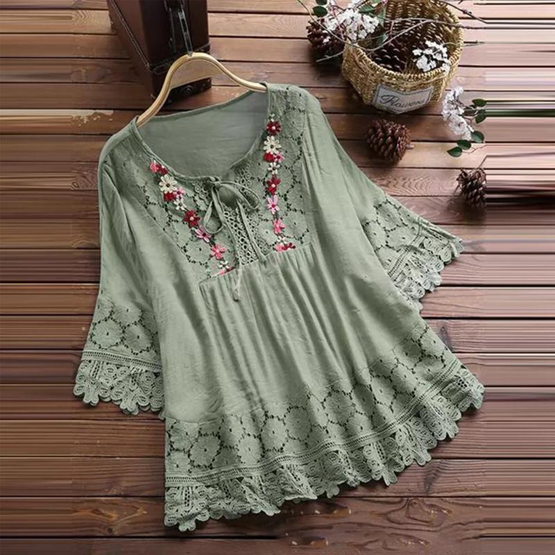 Summer Women's Lace T-shirt Floral Mini Dress Cotton Five-point Sleeve V-neck Loose Casual Bohemian Style T-shirt Top