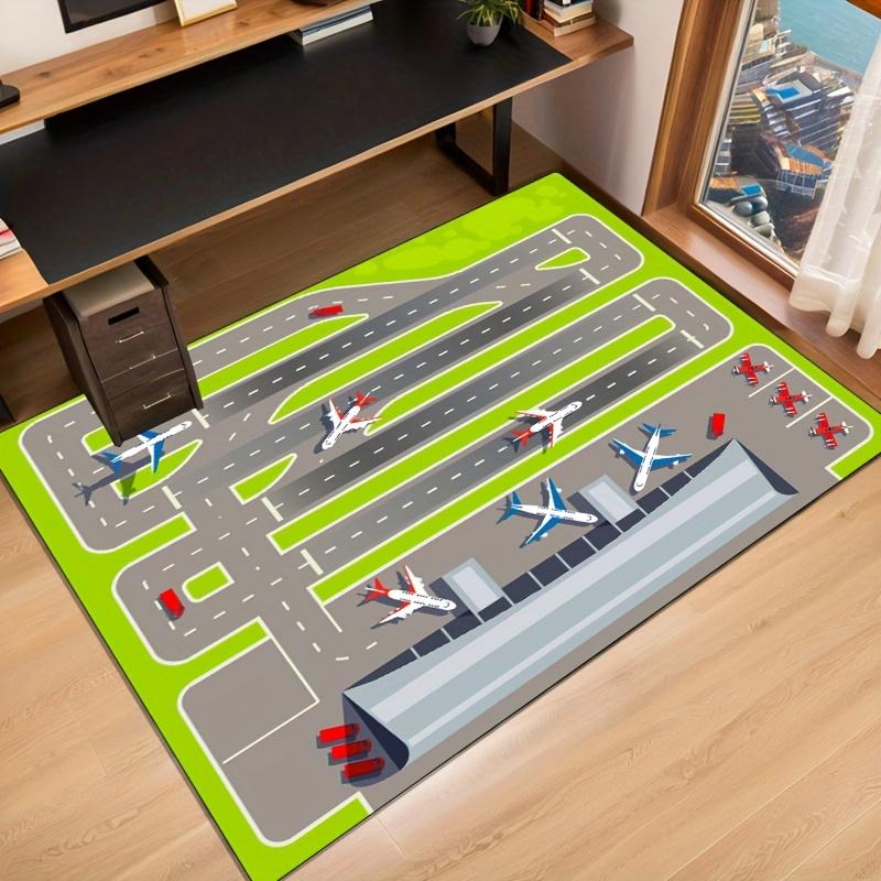 1 шт. Мягкий моющийся прямоугольный ковер на тему аэропорта - Зеленый с рисунком самолета и взлетно-посадочной полосы, Полиэстер для гостиной