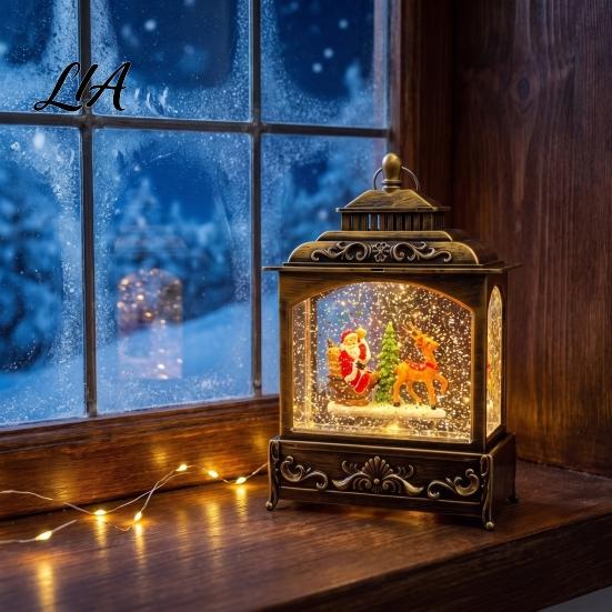 Desktop Music Box Light Christmas Snow Ball Lantern, Vintage Santa Claus/Tree/Reindeer Water Swirling Lantern Holiday Night for Window Entryway