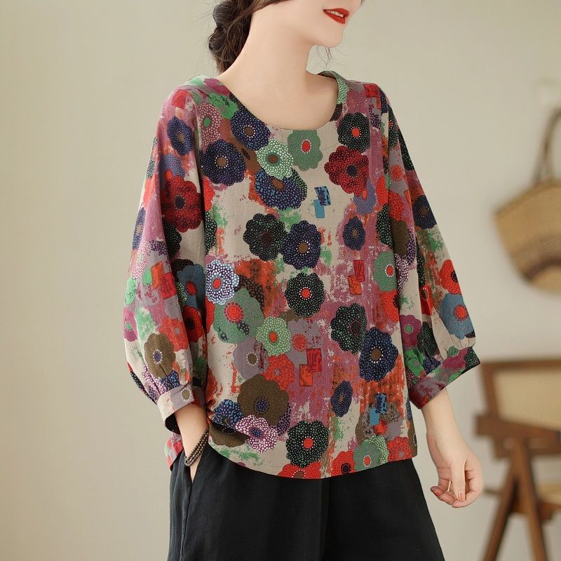 Cotton Linen Long Sleeved Shirt Women's Spring Printed Color Plus Size Women's Clothing Nine Quarter Sleeved Shirt T-shirt