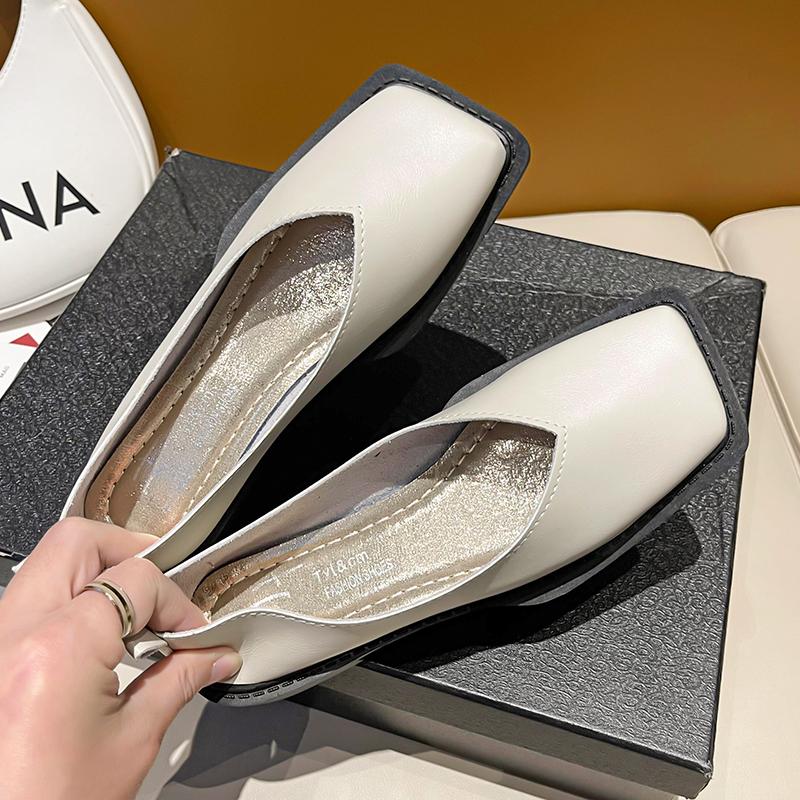 Новый стиль Роскошные балетки Женские туфли с квадратным носком Одинарные туфли Простой темперамент Кожаные туфли Весенние туфли на круглом каблуке Zapatos Mujer