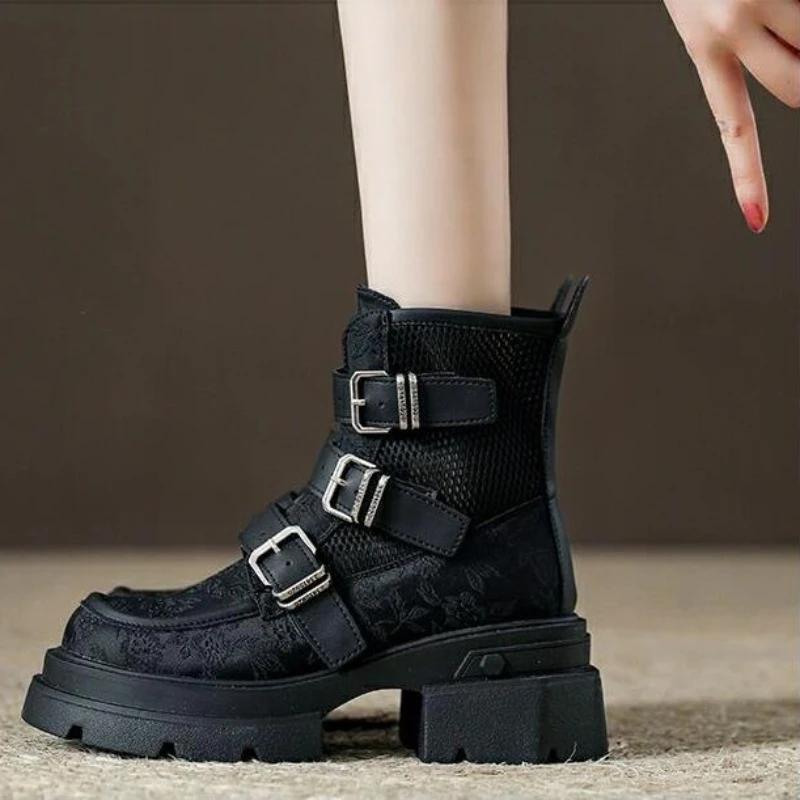 Модные удобные сапоги на толстой подошве высотой 6 см для женщин, лето 2024, новые сетчатые дышащие короткие сапоги, повседневные сапоги с толстым каблуком и сеткой