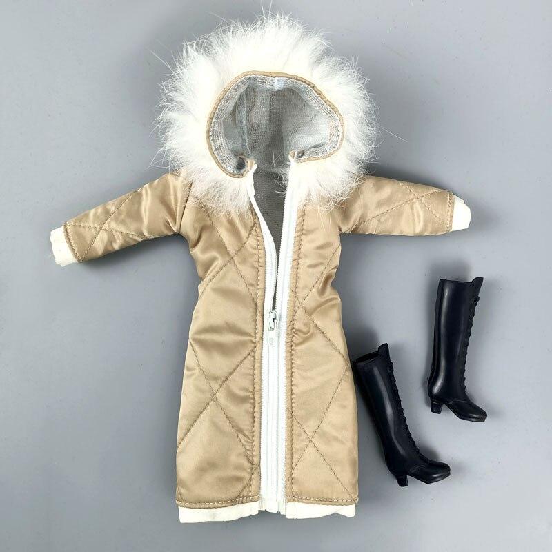 Зимнее шампанское длинное пальто на молнии с шапкой наряды одежда для кукол Барби куртка одежда для 1/6 куклы BJD аксессуары для детей