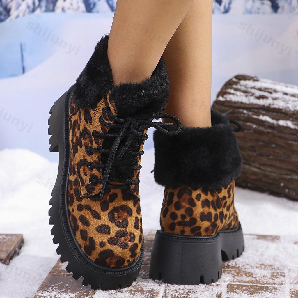 Shoes for Women 2024 Fashion Lace Up Women Ankle Boots Winter Round Toe Sexy Leopard Print Short Barrel Chunky Heel Cotton Boots