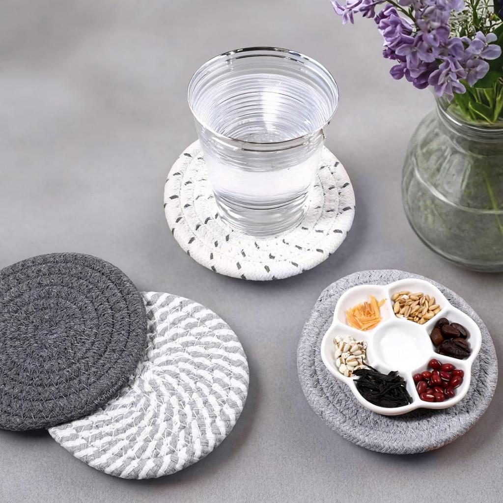Boho Coasters for Drinks, Cute Woven Coasters 4.13in/10.5cm Minimalist Coaster Set of 4 for Coffee Cups Desk Kitchen Decor Tabletop as House Warming