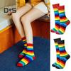 6 пар зимних носков унисекс с разноцветными радужными полосками, средней длины, эластичные, сохраняющие тепло, нескользящие, толстые, для пар, повседневные спортивные носки