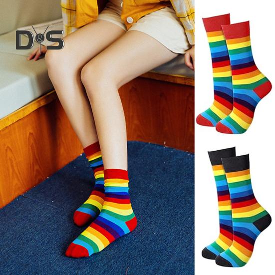 6 пар зимних носков унисекс с разноцветными радужными полосками, средней длины, эластичные, сохраняющие тепло, нескользящие, толстые, для пар, повседневные спортивные носки