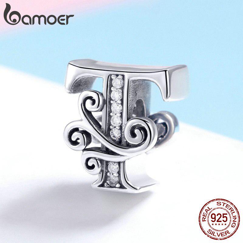 BAMOER Натуральная стерлингового серебра 925 пробы Буква T Алфавитные бусины Подвески подходят для браслетов и браслетов DIY