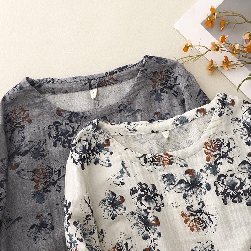 2025 весна и осень новое платье из хлопка и льна с принтом, женское свободное идиллическое платье с круглым вырезом и длинными рукавами, цветочная длинная юбка