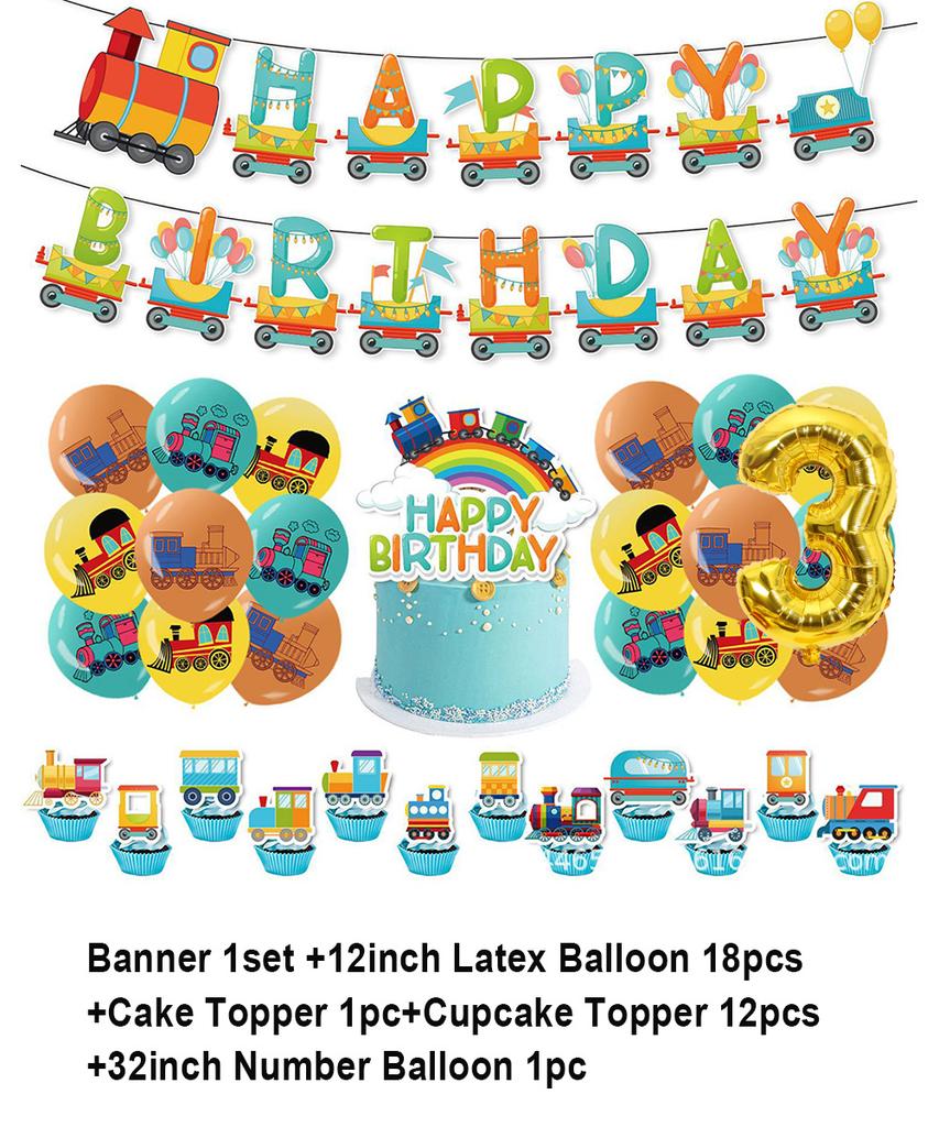 Cartoon Train Theme Birthday Party Decoration Number Balloons Cake Topper Transportation Vehicles Backdrop Banner Party Supplies
