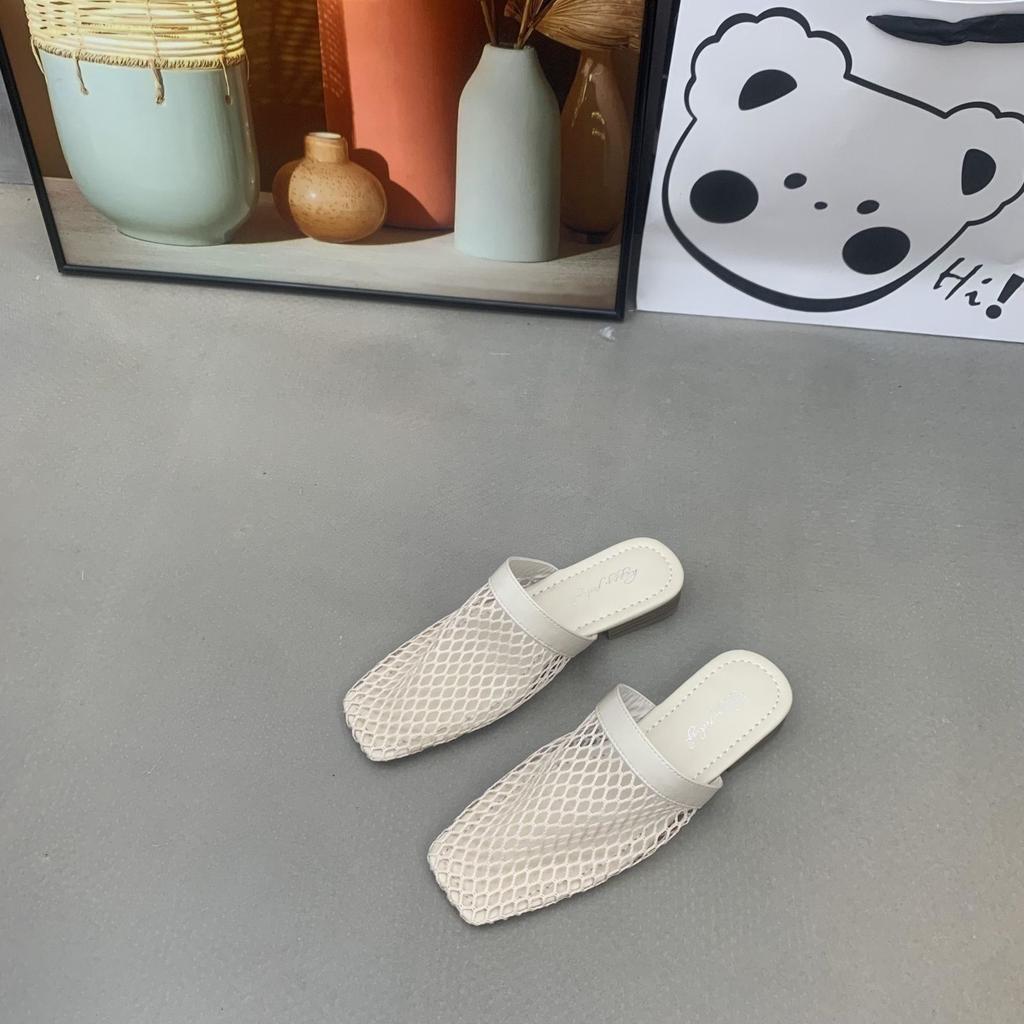 Breathable Fishing Net Square Head Low Heel Half Drag Fashionable Hollow Woven Flat Bottom Thick Heel Bag Head Slippers 2025 Summer New