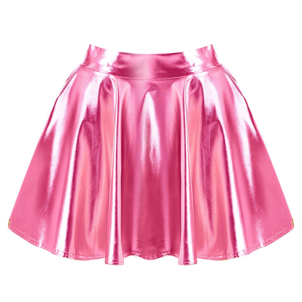 Женская глянцевая расклешенная юбка с высокой талией, блестящая металлическая рюшная костюмная одежда для вечеринок и танцев