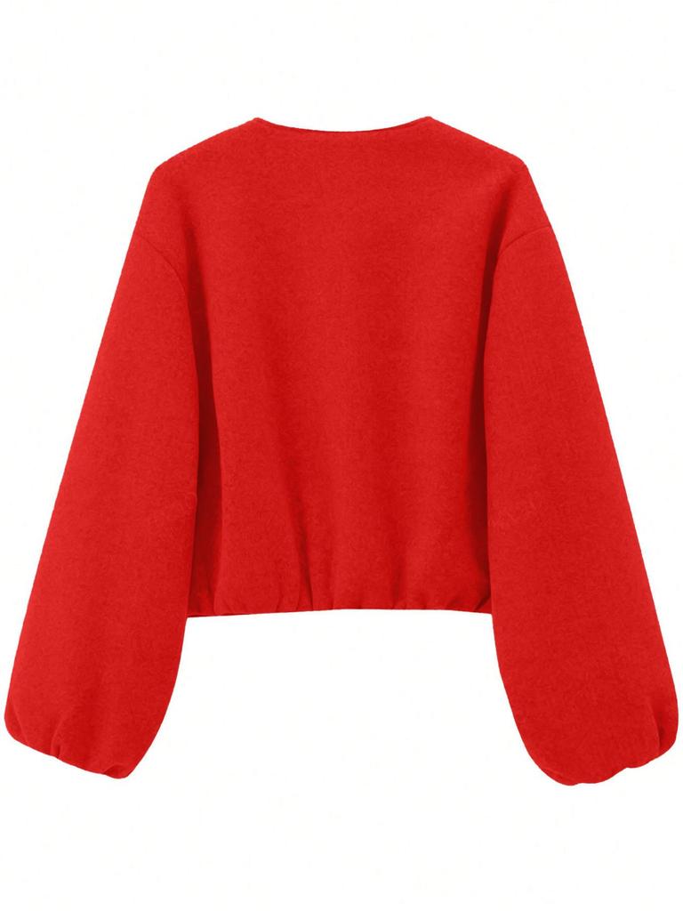 Women's Autumn/Winter Bomber Jacket - Round Neck, Drop Shoulder, Lantern Sleeve, Street Style Zip Cardigan